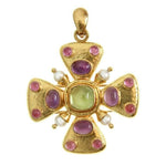 19K Gold pendant with Peridot, Amethyst and Tourmaline gemstones and pearls on a white background