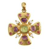19K Gold pendant with Peridot, Amethyst and Tourmaline gemstones and pearls on a white background