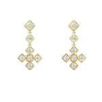 A pair of 18K yellow gold diamond earrings with a drop-style design featuring multiple diamond enclosures connected by gold chains.