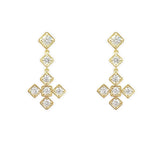 A pair of 18K yellow gold diamond earrings with a drop-style design featuring multiple diamond enclosures connected by gold chains.