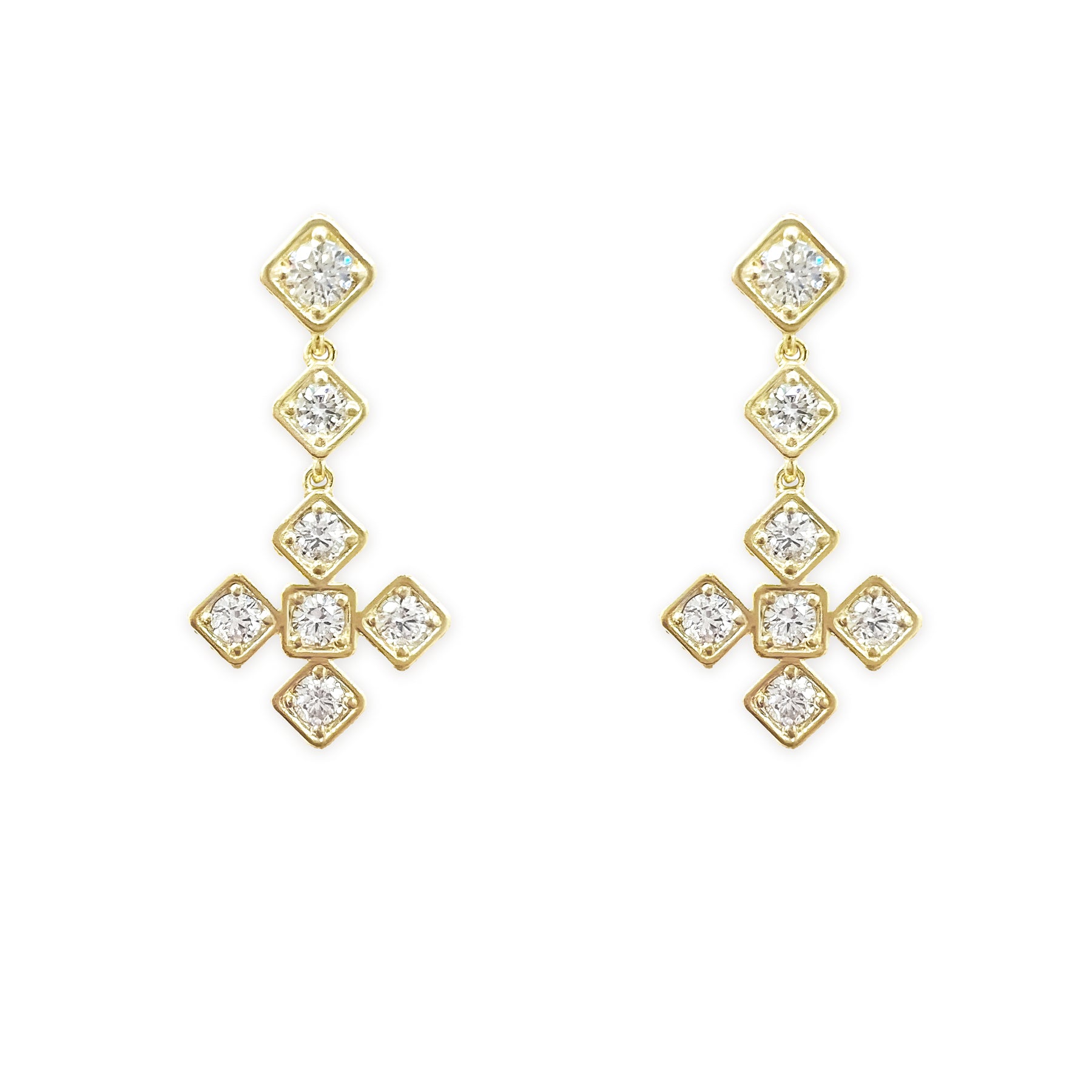 A pair of 18K yellow gold diamond earrings with a drop-style design featuring multiple diamond enclosures connected by gold chains.
