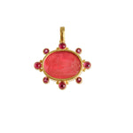 19K Gold pendant with a red Venetian Glass Intaglio and smaller tourmaline gemstones on a white background