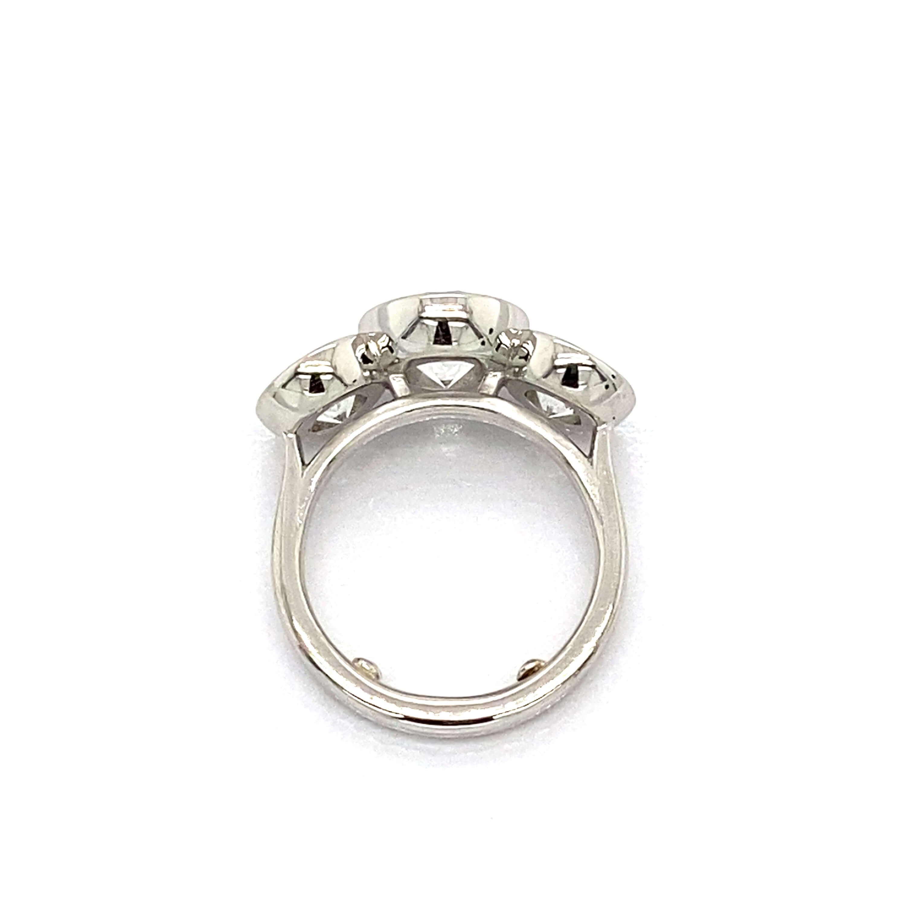  top view of Platinum bezel set Three-stone diamond ring 