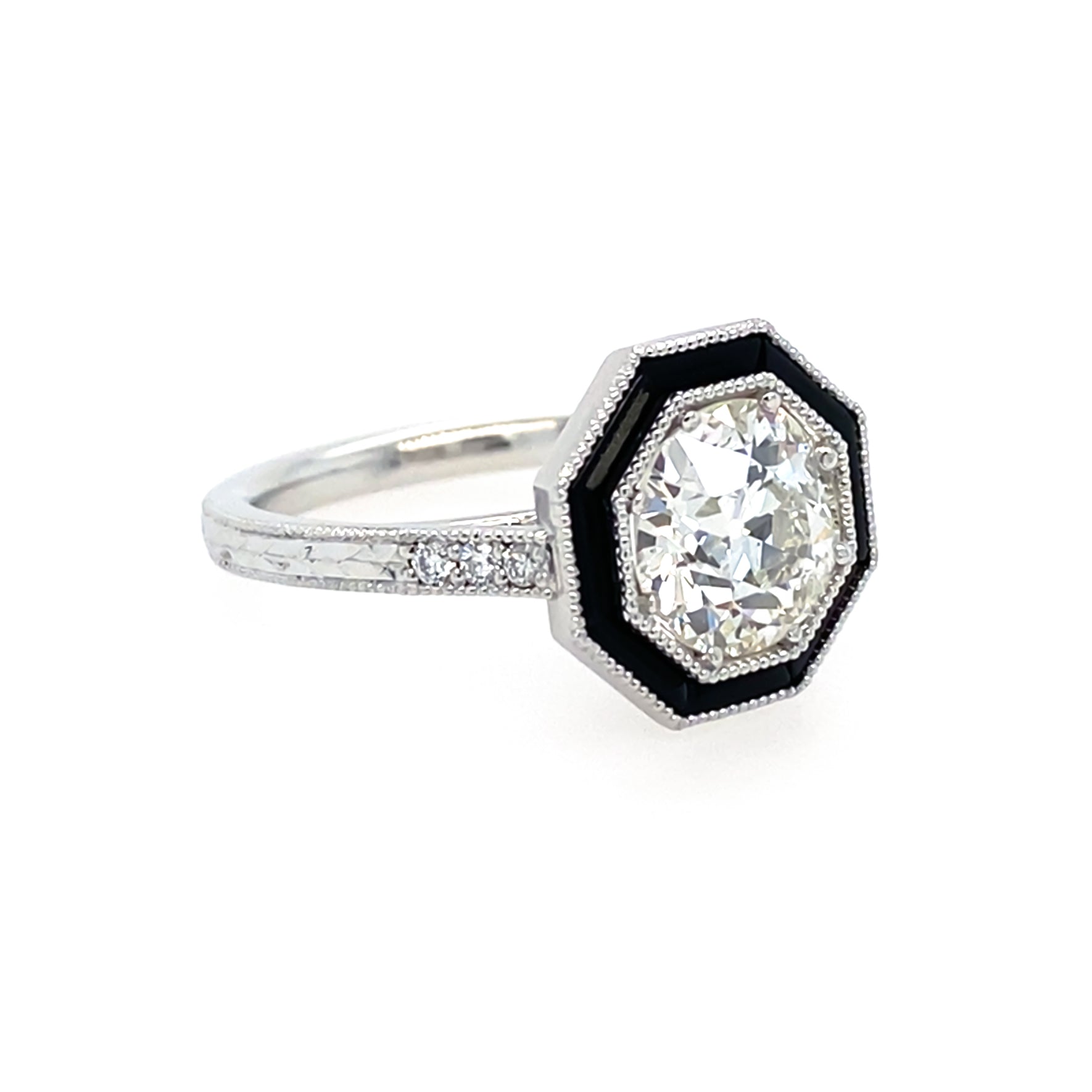 Side View of Round Diamond Engagement Ring with Onyx Detail