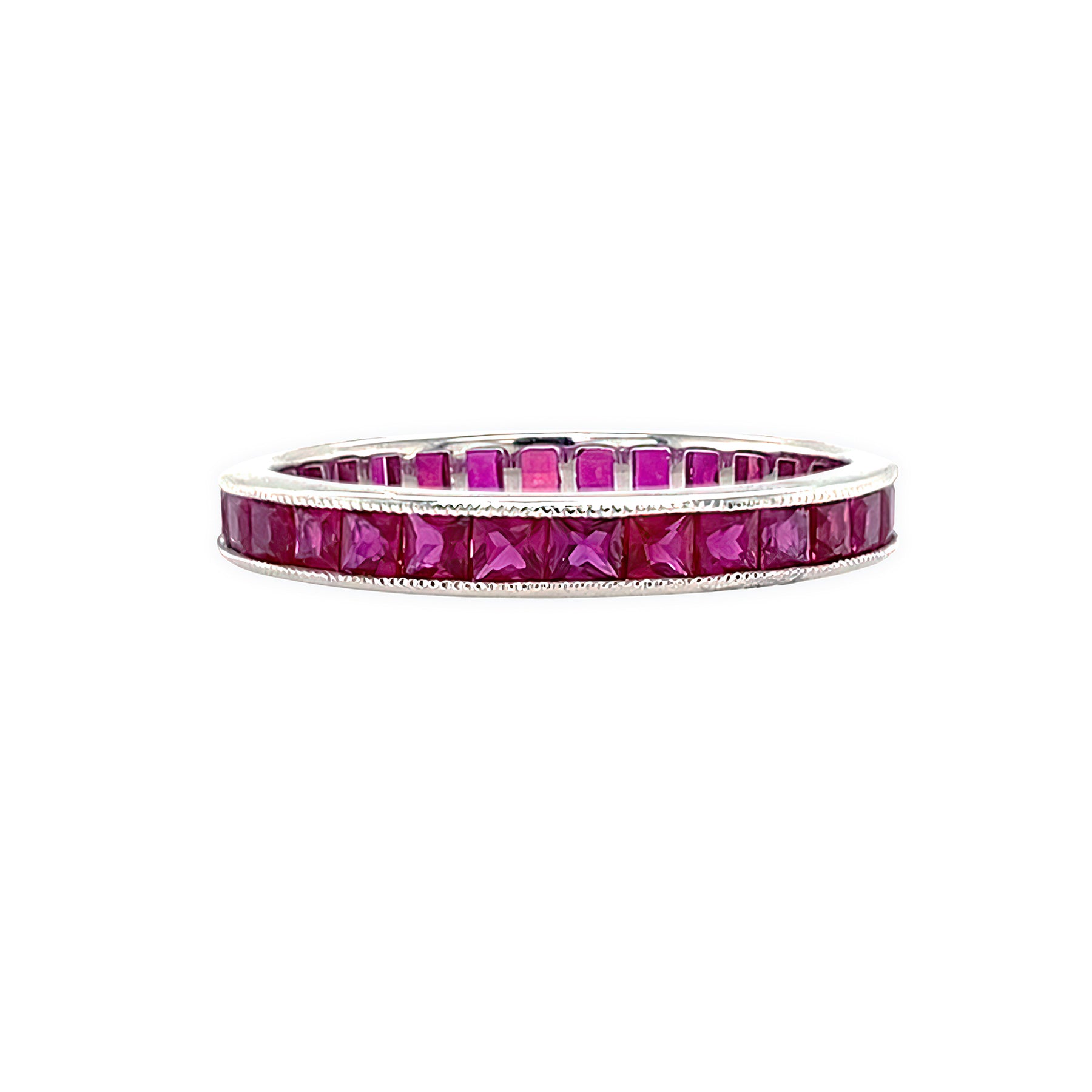 Platinum Band Ring with Channel Set Rubies on a white background