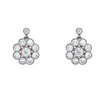 A pair of platinum cluster earrings featuring multiple round-cut clear diamonds arranged in a floral or sunburst pattern, shown on a plain white background.