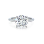 Front facing view of round brilliant cut diamond solitaire engagement ring with 4 prong setting and plain polished shank in platinum