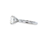 side view of round brilliant cut diamond solitaire engagement ring with 4 prong setting and plain polished shank in platinum