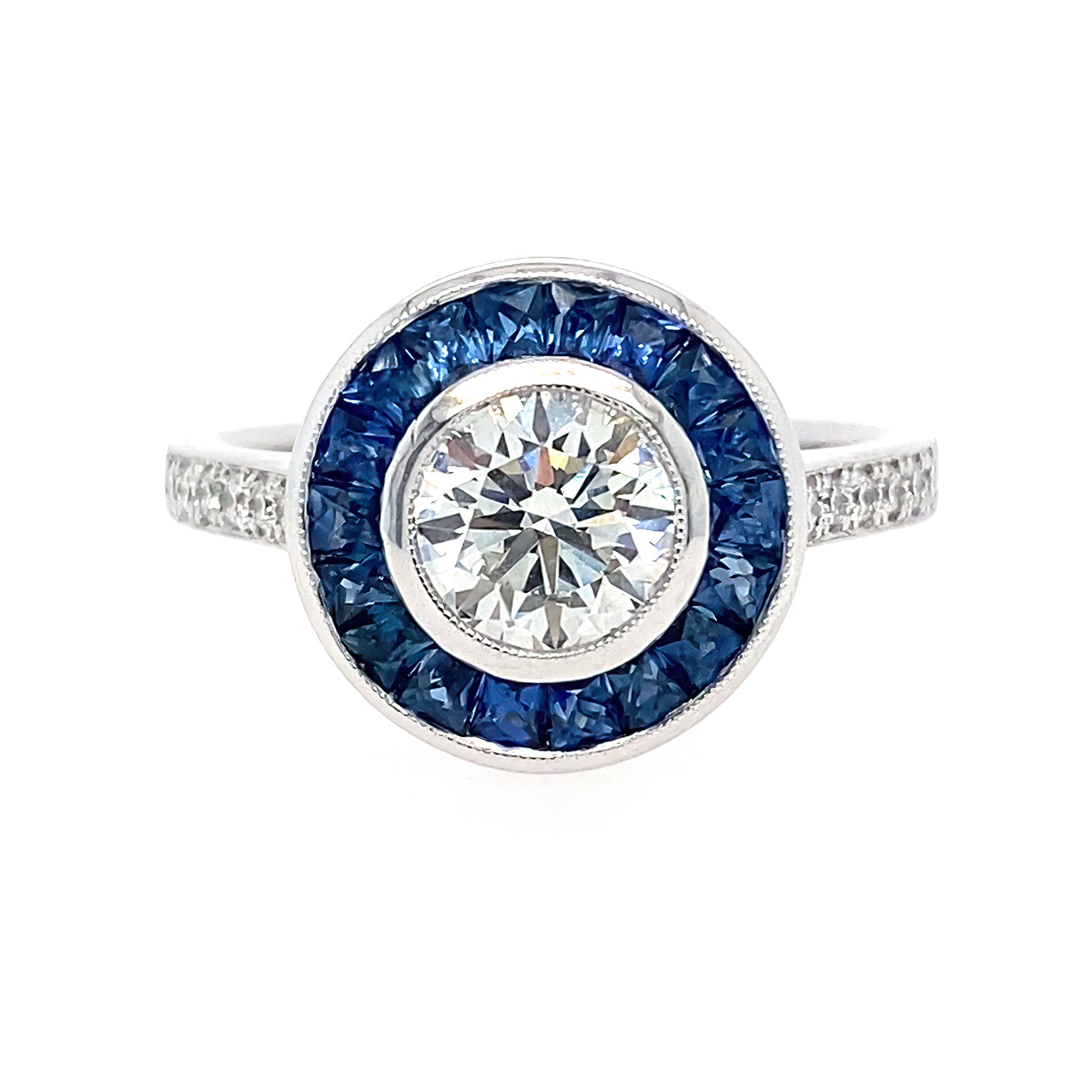 Platinum art deco round diamond ring with sapphire and diamonds  