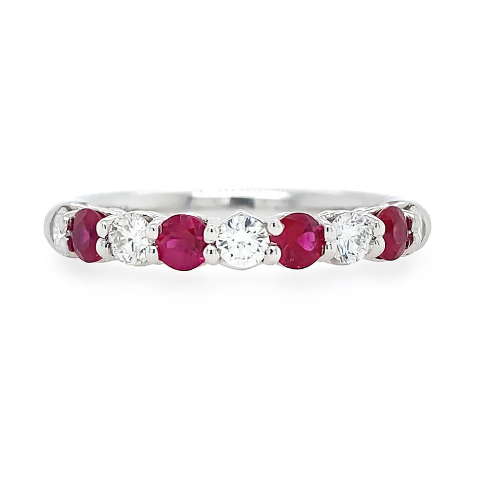 Platinum Round Cut Diamond and Ruby Band 