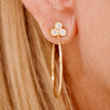 Close-up of an 18K gold earring with a clover design worn by a person with blonde hair.