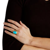 Elizabeth Locke 19K Yellow Gold Sleeping Beauty Turquoise Ring with Diamond Triads