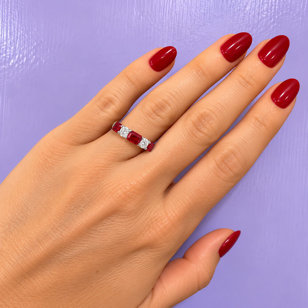 Emerald Cut Ruby and Round Diamond Band Ring