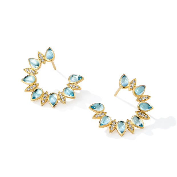 18K Yellow Gold Blue Topaz and Diamond Crescent Earrings