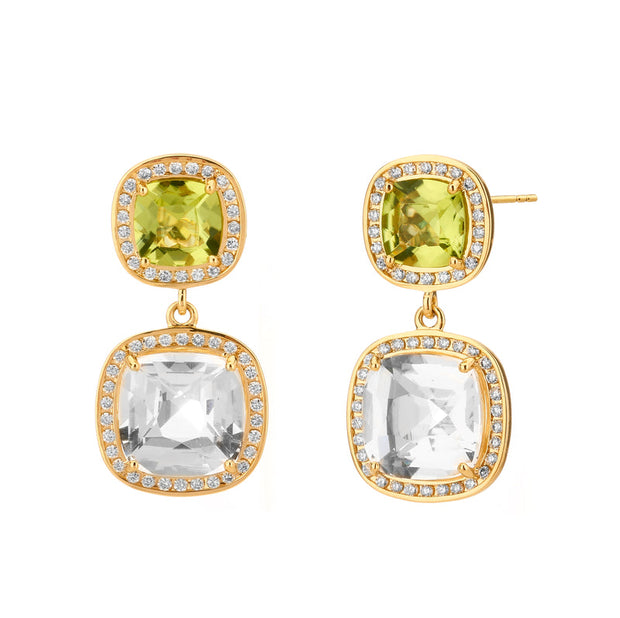 18K Yellow Gold Peridot and Crystal Earrings with Diamonds