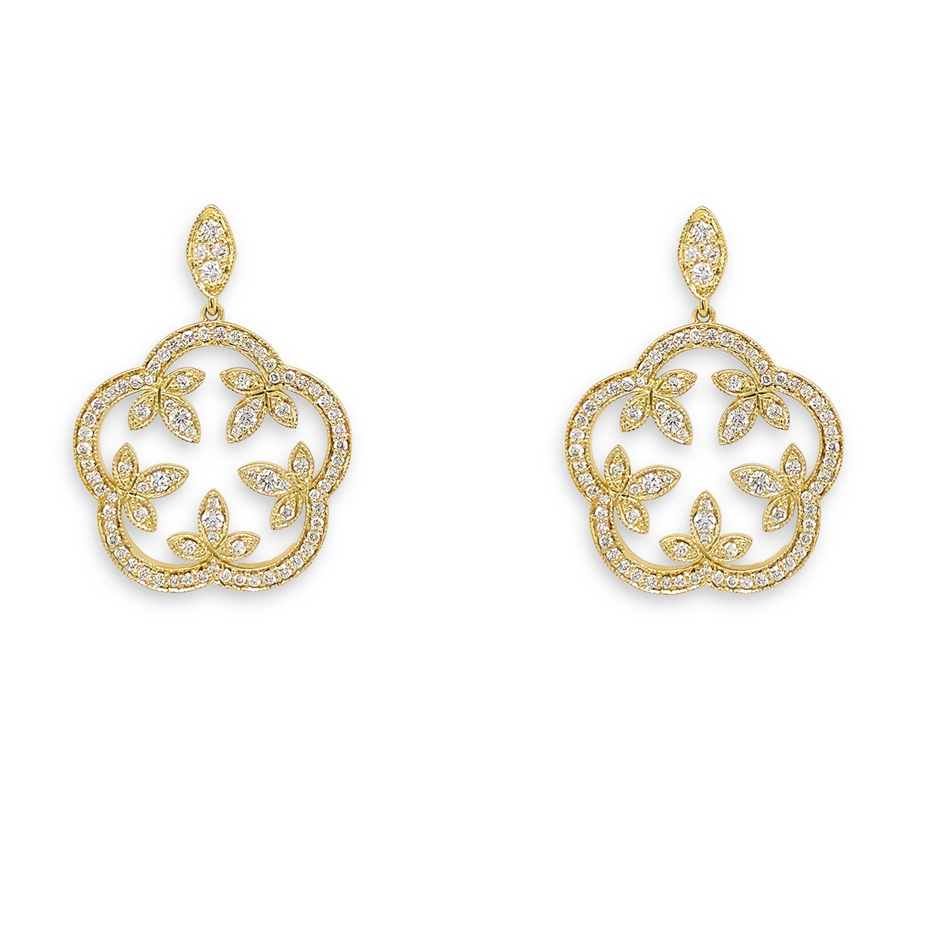 A pair of 18K yellow gold diamond drop earrings in a scalloped clover design