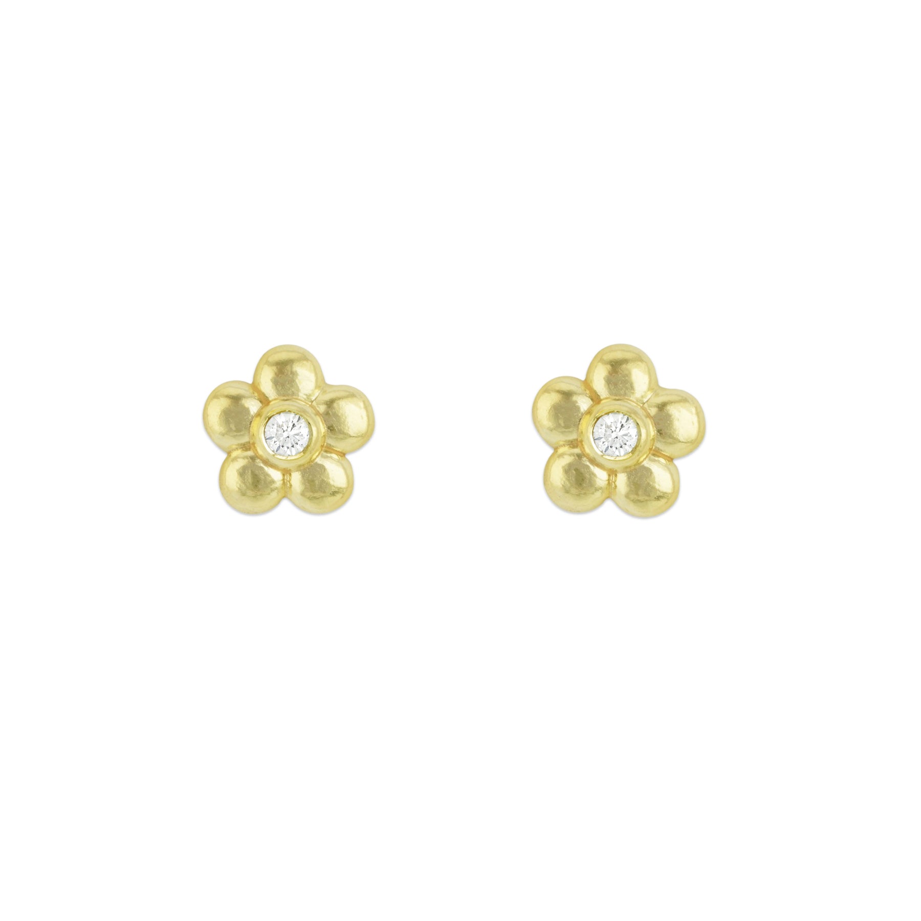 A pair of 18K yellow gold flower-shaped stud earrings with embedded diamonds in a close-up image.