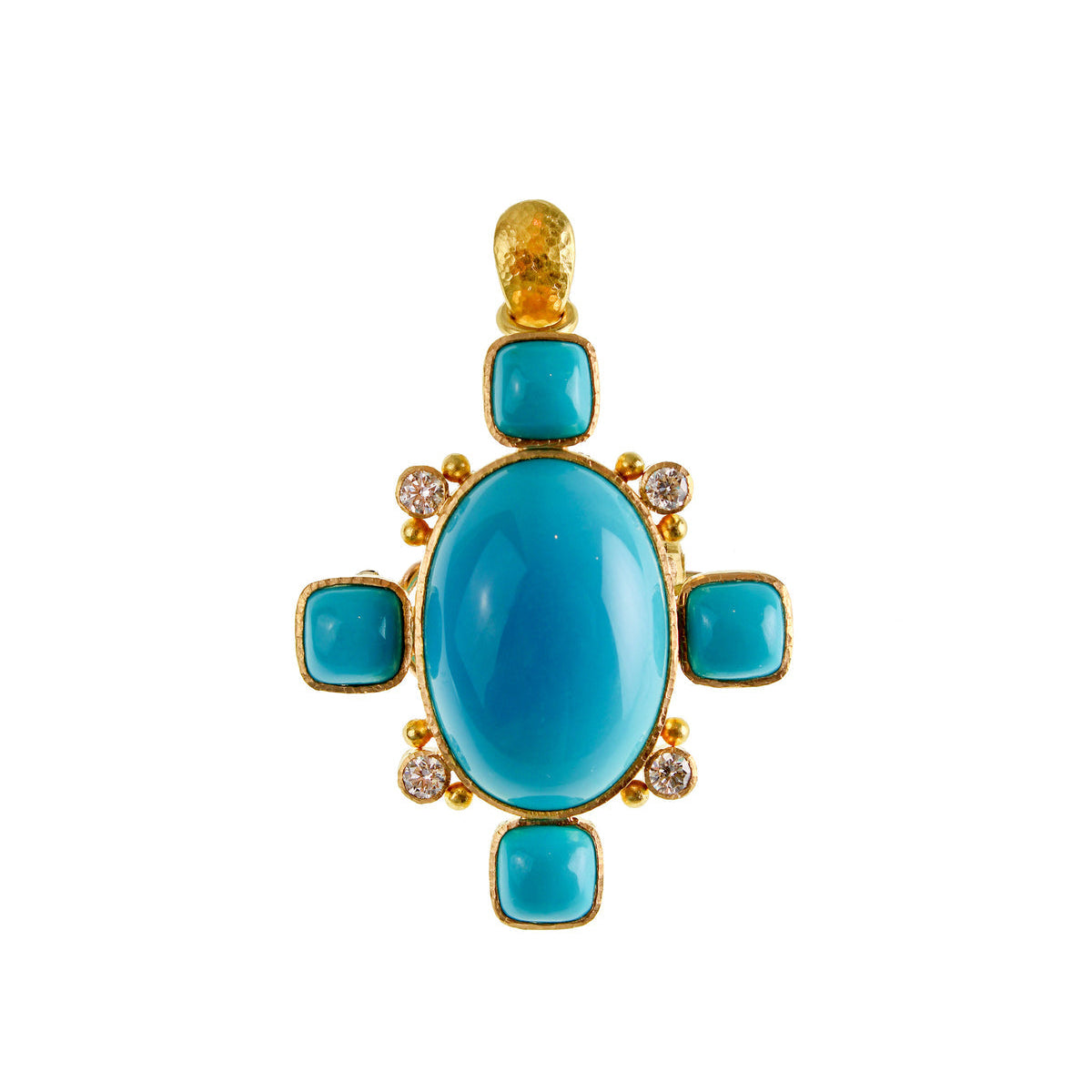 Turquoise pendant with gold accents on a white background