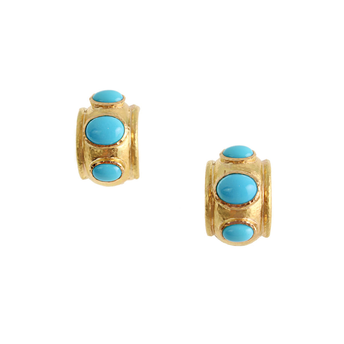 Elizabeth Locke 19K Gold earrings with Sleeping Beauty turquoise stones on a white background