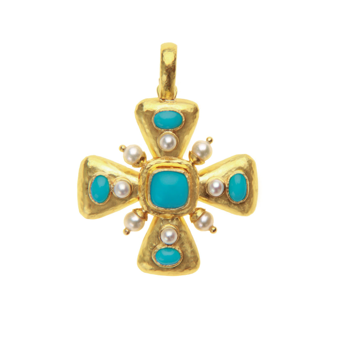19K Gold cross pendant with turquoise stones and pearls on a white background