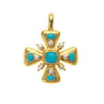 19K Gold cross pendant with turquoise stones and pearls on a white background