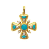 19K Gold cross pendant with turquoise stones and pearls on a white background