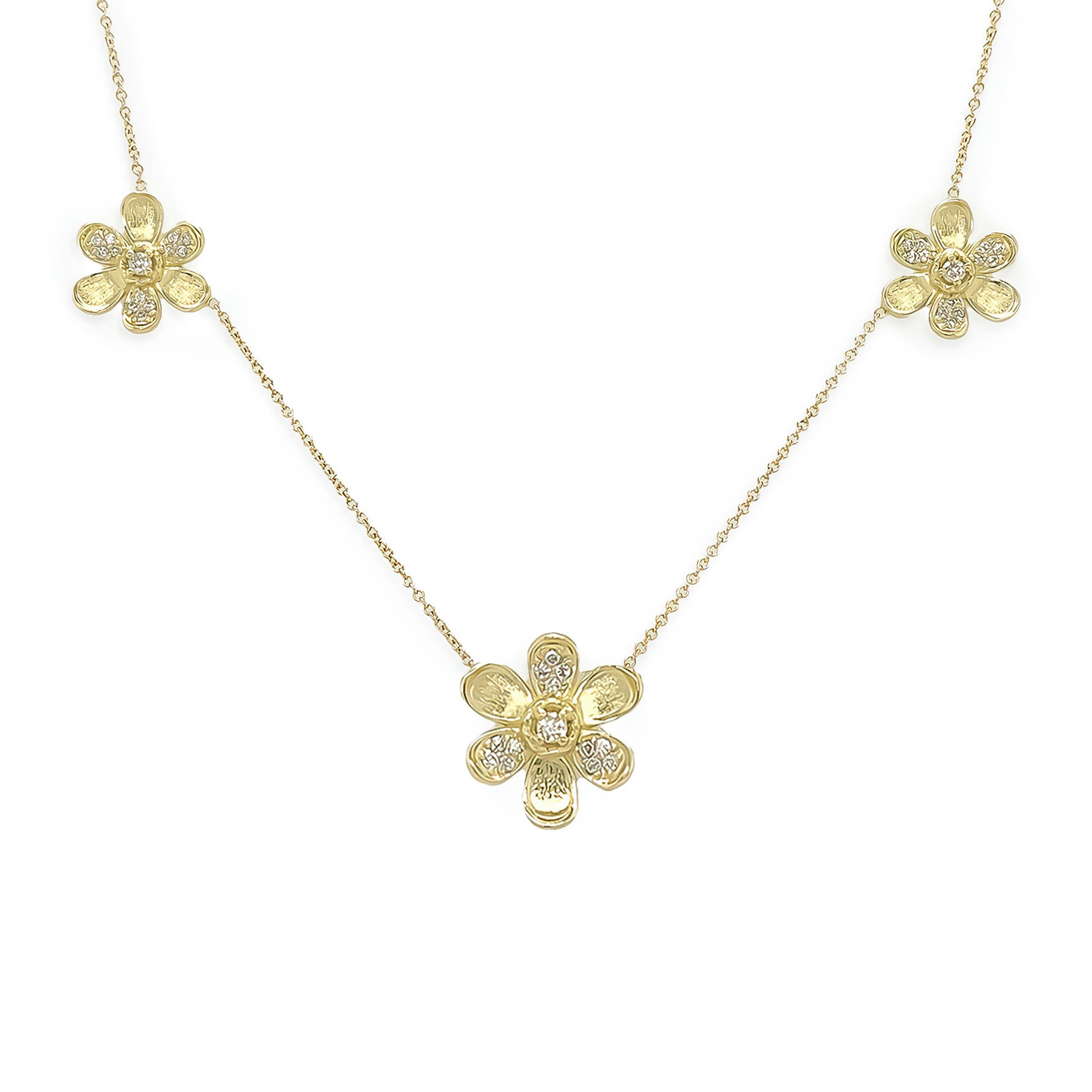 18K Gold flower-shaped necklace with diamond accents on a white background