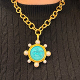 Teal 'Cupid Riding Lion' and Pearl Pendant