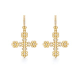 A pair of 18K yellow gold Fiori cross earrings with diamond accents.