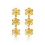 18K Gold triple drop flower-shaped earrings on a white background