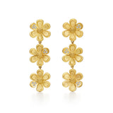 18K Gold triple drop flower-shaped earrings on a white background