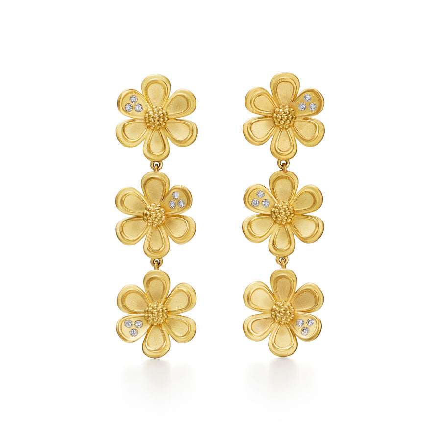 18K Gold triple drop flower-shaped earrings on a white background