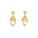 A pair of 18K yellow gold Arcadia amulet earrings with a clear central stone surrounded by yellow gold and adorned with diamonds.