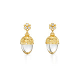 A pair of 18K yellow gold Arcadia amulet earrings with a clear central stone surrounded by yellow gold and adorned with diamonds.