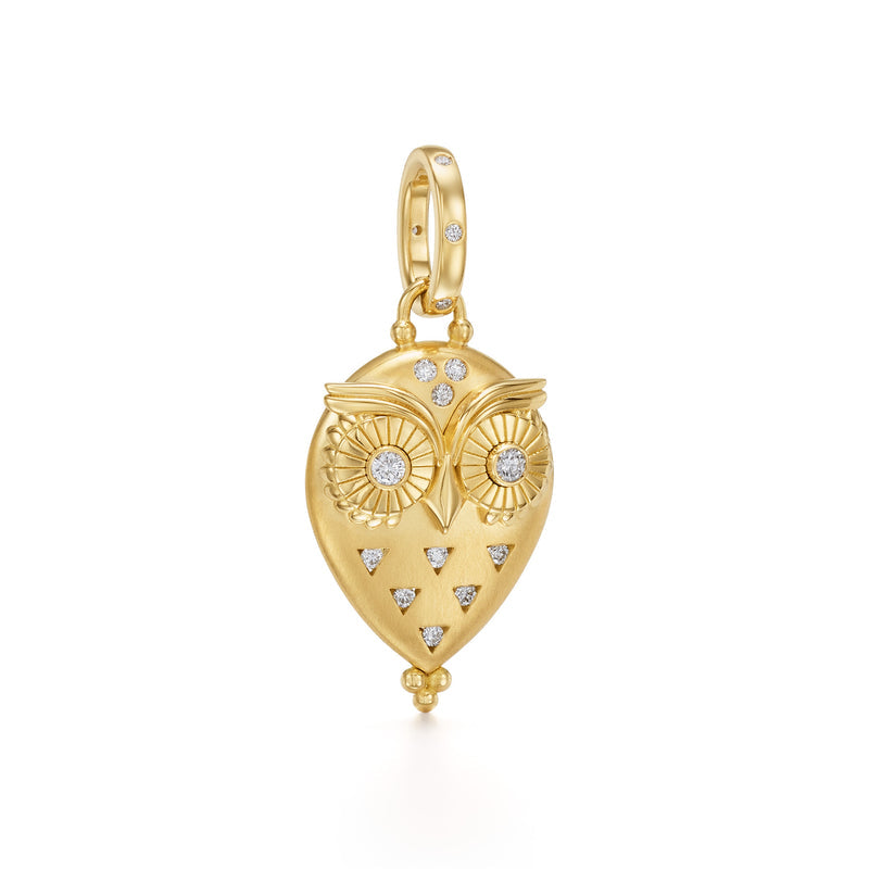 Temple St. Clair 18K Yellow Gold owl-shaped pendant with diamond accents on a white background