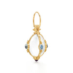 An 18K yellow gold amulet pendant featuring blue moonstones with yellow gold accents and a loop for a chain attachment.