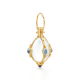 An 18K yellow gold amulet pendant featuring blue moonstones with yellow gold accents and a loop for a chain attachment.
