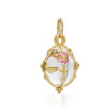 An 18K yellow gold Medium Fiori amulet by Temple St. Clair, featuring natural rock crystal and colorful gemstone details.