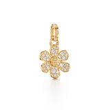 An 18K gold pendant in the shape of a flower covered with diamond embellishments.