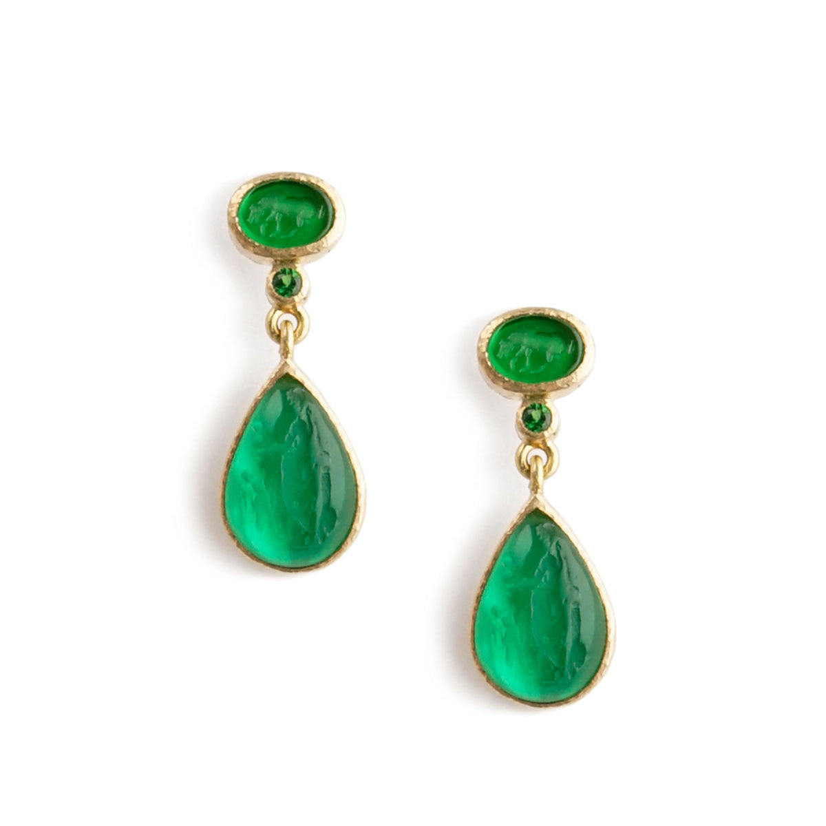Green Venetian Glass Intaglio teardrop earrings in 19K Yellow Gold designed by Elizabeth Locke on a white background
