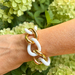 woman's wrist wearing a white agate and gold link bracelet 