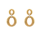 Gold drop earrings with intricate design on a white background