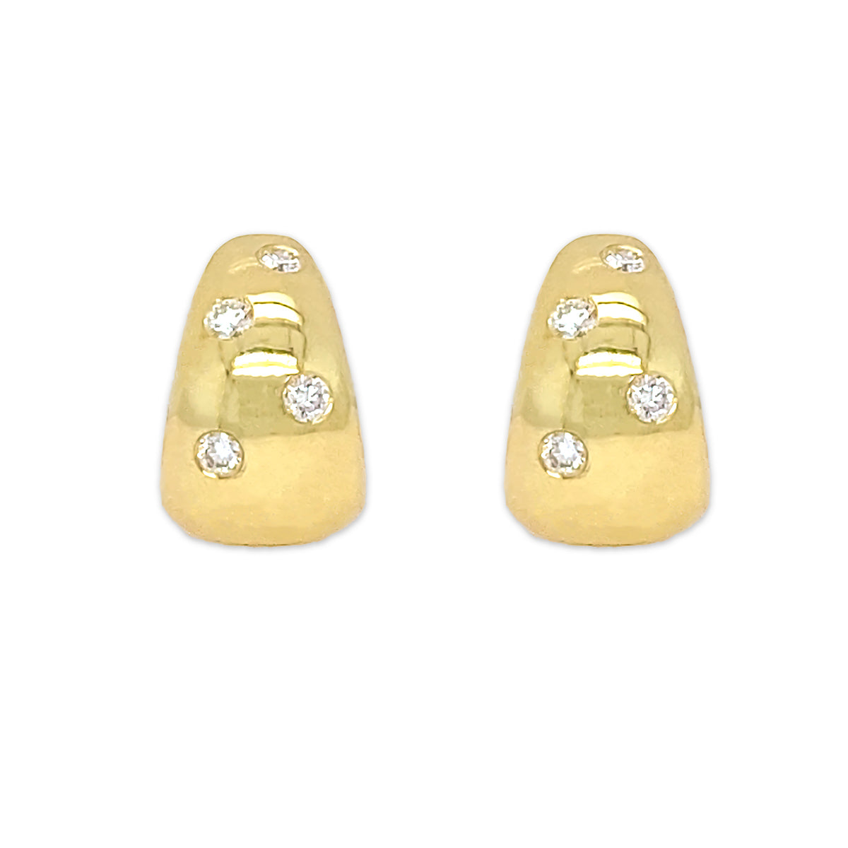 Gold earrings with embedded diamonds on a white background