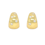 Gold earrings with embedded diamonds on a white background