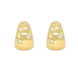 Gold earrings with embedded diamonds on a white background