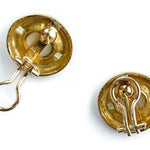 back view of pair of 19K gold earrings on a white background