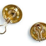 back view of pair of 19K gold earrings on a white background