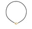 A black leather cord with a gold-colored clasp designed by Temple St Clair