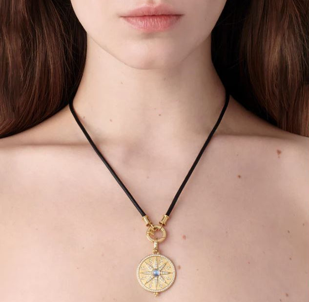 Temple St Clair black leather cord with pendant on model