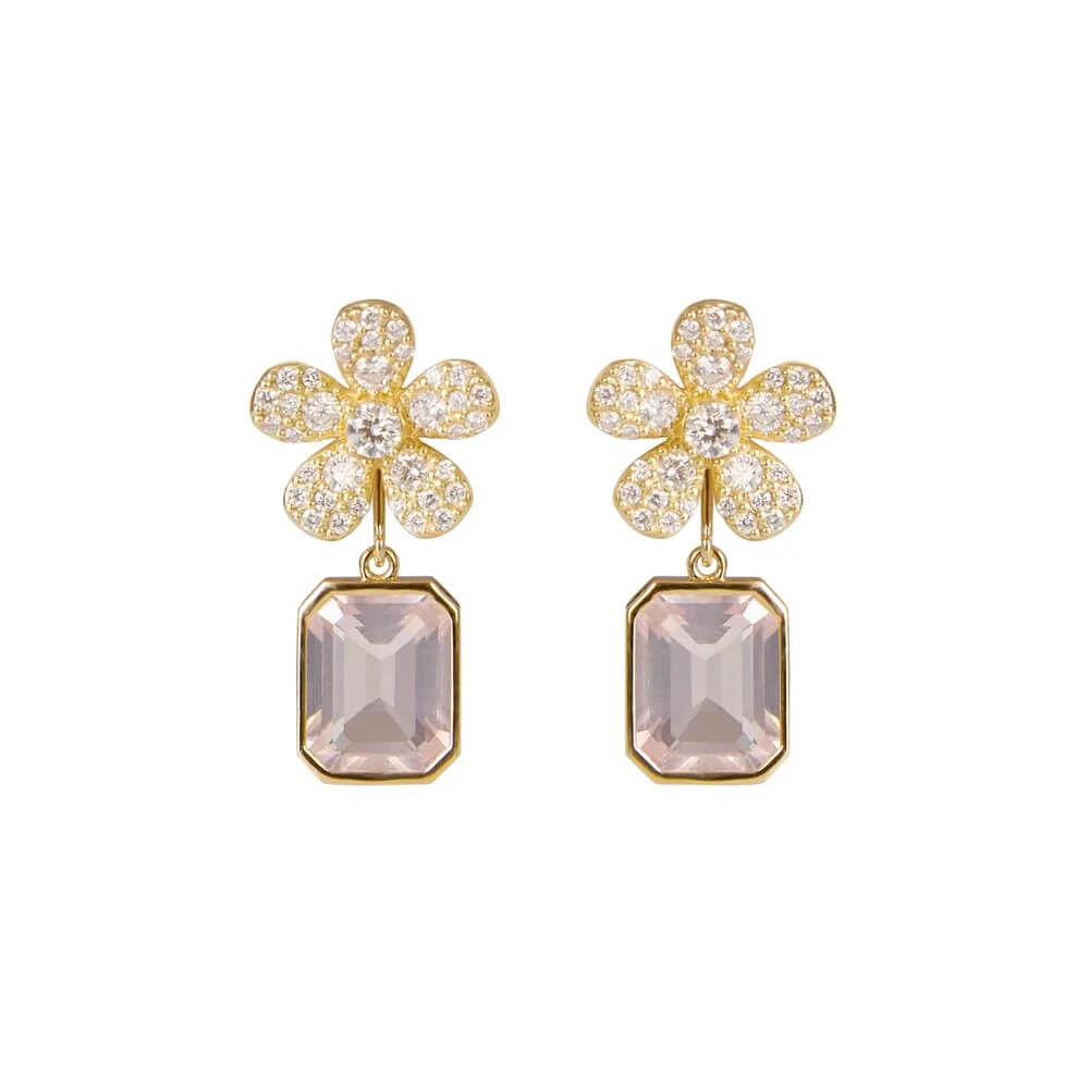 A pair of 18K yellow gold flower-shaped drop earrings adorned with clear pavé diamonds and a large rectangular pale pink amethyst gemstone below, shown on a plain white background.